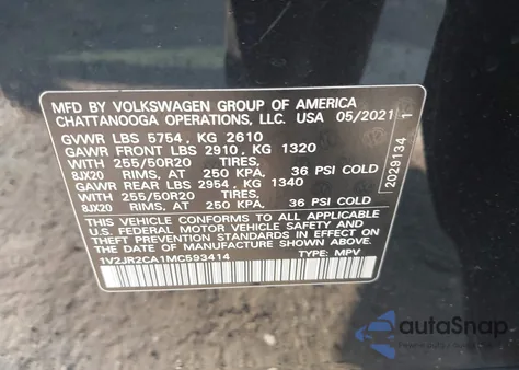 2021 Volkswagen Atlas 3.6L V6 Se W/Technology from USA, damaged, VIN 1V2JR2CA1MC593414